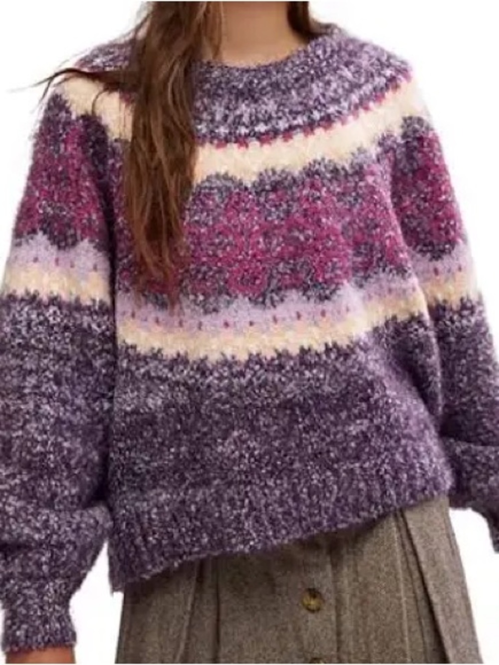 Free People Festive Frost Cozy Purple Fair Isle Knit Sweater S